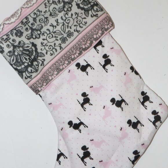 Black Poodle on Pink 14" Hand Crafted Christmas Stocking Pink Cord to Hang - Picture 3 of 4